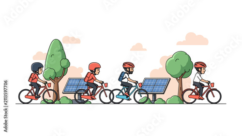 Eco-Friendly Transportation Vector with Cycling People and Solar Panels