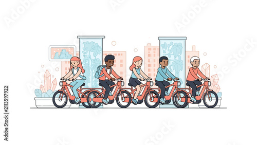 Diverse People Riding Electric Bicycles in Sustainable Eco-Friendly City Illustration