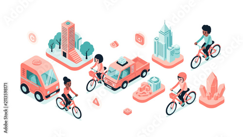 Isometric vector of smart city with cyclists, delivery vehicles, and urban architecture in pink and teal.