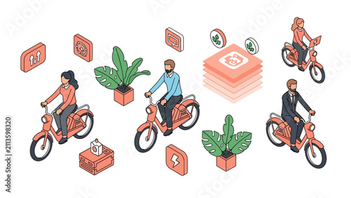 Isometric People Riding Electric Mopeds with Eco-Friendly Icons and Sustainable Transport Concepts