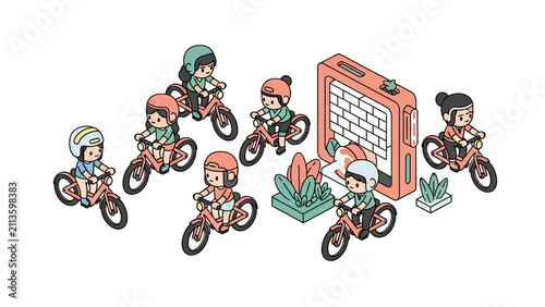 Isometric Illustration of People Riding Bicycles with Smart App Concept