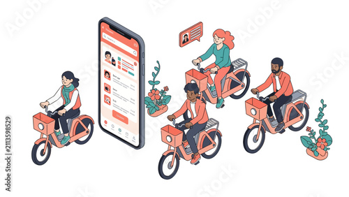 Isometric Bike Sharing App Illustration with Diverse People Riding Electric Bicycles