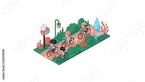 Isometric People Cycling on Urban Bike Lane in Eco-Friendly Park Illustration
