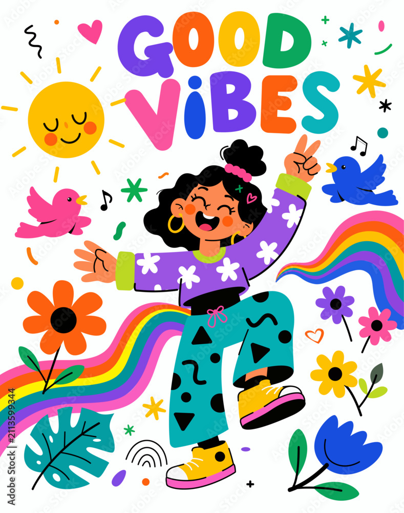 Fototapeta premium Colorful Good Vibes Motivational Poster with Cute Cartoon Character, Rainbow, Flowers and Playful Doodle Elements