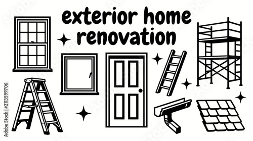 exterior home renovation elements featuring roofing materials windows entry doors siding gutters scaffolding ladders and facade improvement set vector for residential construction remodeling