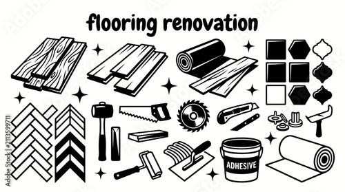 flooring renovation materials featuring hardwood laminate vinyl ceramic tiles parquet installation tools adhesives collection set for home improvement construction and interior remodeling projects
