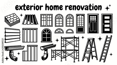 exterior home renovation elements featuring roofing materials windows entry doors siding gutters scaffolding ladders and facade improvement set vector for residential construction remodeling
