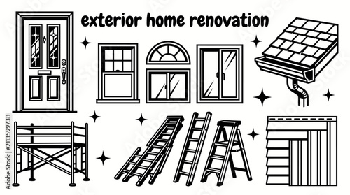 exterior home renovation elements featuring roofing materials windows entry doors siding gutters scaffolding ladders and facade improvement set vector for residential construction remodeling
