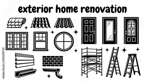 exterior home renovation elements featuring roofing materials windows entry doors siding gutters scaffolding ladders and facade improvement set vector for residential construction remodeling