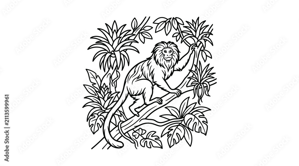 Obraz premium Minimalist Black and White Line Drawing of a Lion Tailed Macaque Monkey Sitting Amongst Tropical Leaves and Branches