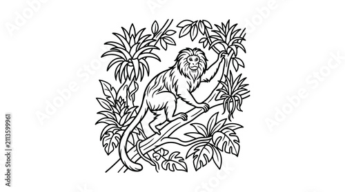 Photography Minimalist Black and White Line Drawing of a Lion Tailed Macaque Monkey Sitting