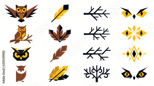 Obraz na płótnie Set of stylized owl icons feathers tree branches and glowing yellow eyes isolate
