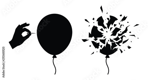 A hand puncturing a balloon and its subsequent explosion depicted as a black silhouette balloons bursting