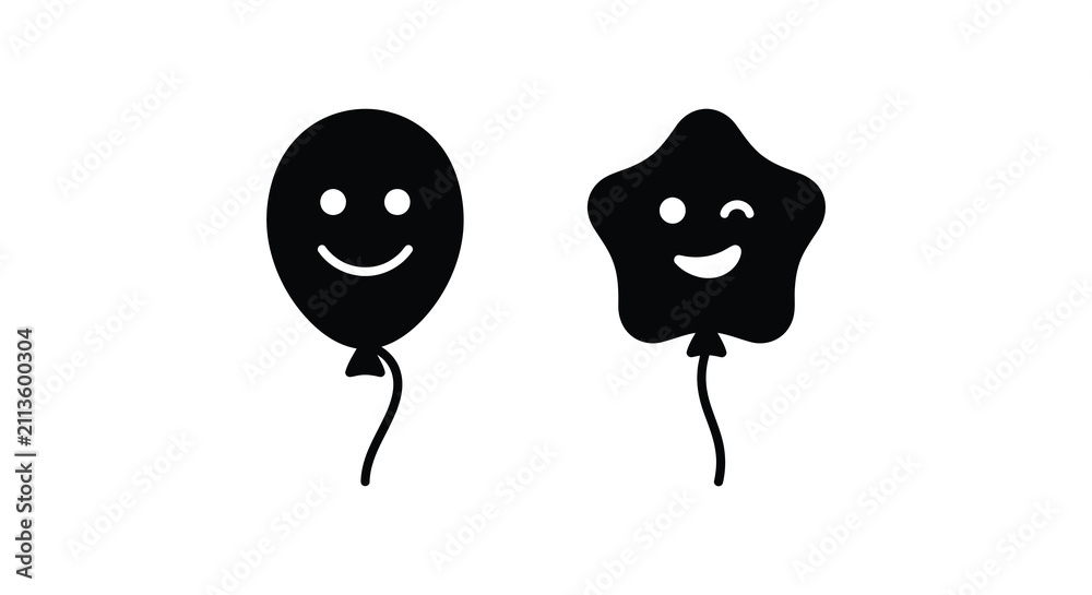 Fototapeta premium Two smiling balloon silhouettes with simple faces and strings on a white background silhouette balloons party