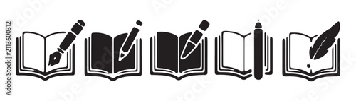Canvas Print Set of open book icons with various writing implements including fountain pens and feather quills