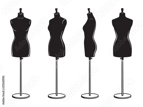 Black dressmaker mannequin torso stands set isolated on a white background for fashion design and tailoring shops.