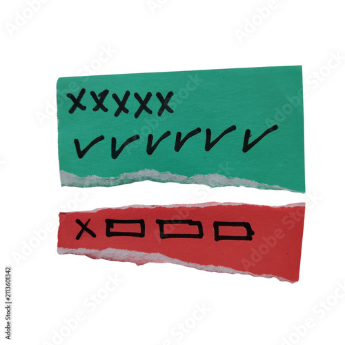 Konstfotografi Checklist and cross marks on green and red paper strips isolated on transparent