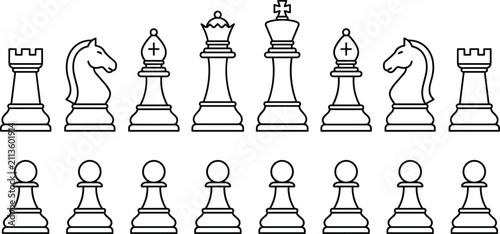 Chess pieces line icon set vector illustration with king queen rook knight bishop pawn isolated on white