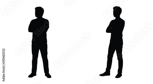 Bild auf Leinwand Two male figures standing with arms crossed a black silhouette against a white b