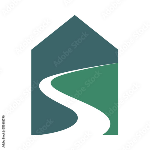 Modern House Road Logo Combining Residential Property Development Real Estate and Construction Brand Identity