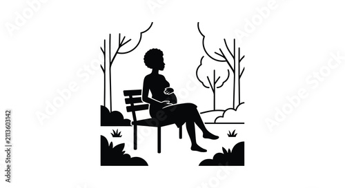 Fotografie Pregnant woman seated on a park bench amidst trees a black silhouette pregnancy
