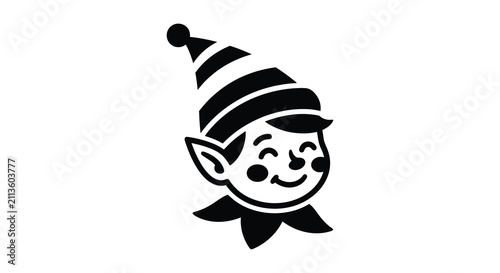 Obraz na płótnie Elf face with striped hat and pointed ears a black and white silhouette elves el