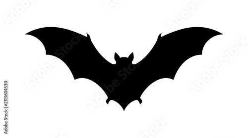 Foto Bat silhouette with outstretched wings appears as a solid black shape against a stark white background
