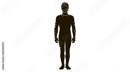 Konstfotografi Mummy illustration depicts a full-body silhouette wrapped in bandages, standing upright on a plain white background, symbolizing an ancient Egyptian figure