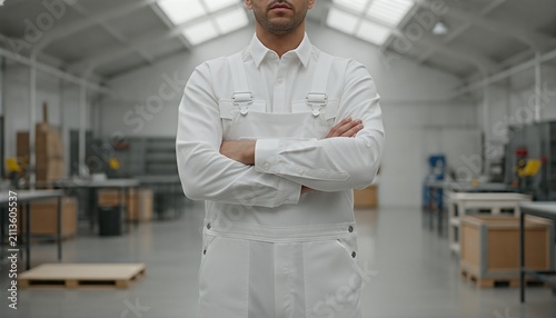 Hispanic craftsman wearing blank white bib overalls standing in a modern industrial workshop