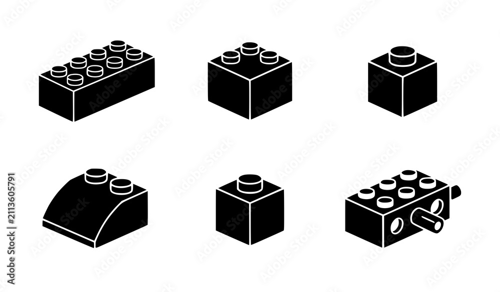 Fototapeta premium Isometric Plastic Building Block Icon Set Featuring Rectangular Square Curved and Mechanical Toy Brick Parts for Child Education Games and Geometric Designs