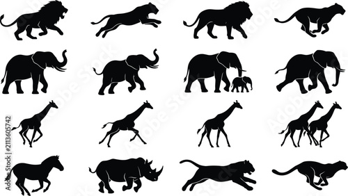 Obraz na plátně Set of black silhouettes of African wild animals including lions, elephants, gir