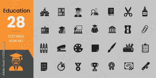 Fotografie A comprehensive set of twenty eight black education icons representing various s