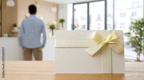 Luxury Gift Certificate Card with Golden Ribbon on Reception Desk in Modern Hotel Lobby