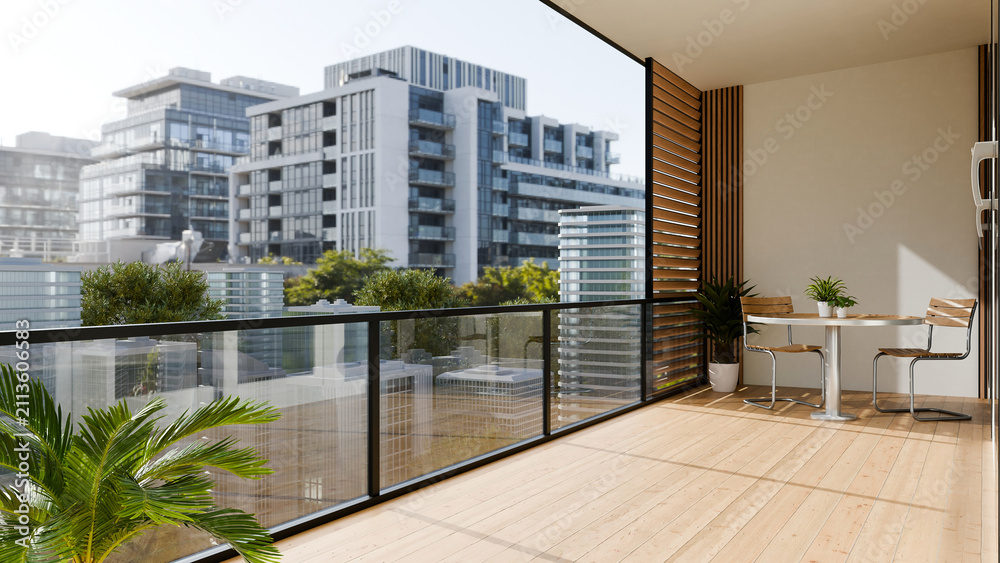 Obraz premium 3D Illustration of Modern Apartment Balcony with Glass Railing and City View, Outdoor Terrace with Wood Deck