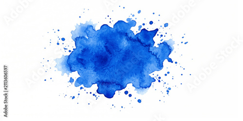 An abstract blue watercolor splash, with paint splatters and a dynamic, fluid texture, creates a vivid artistic expression.