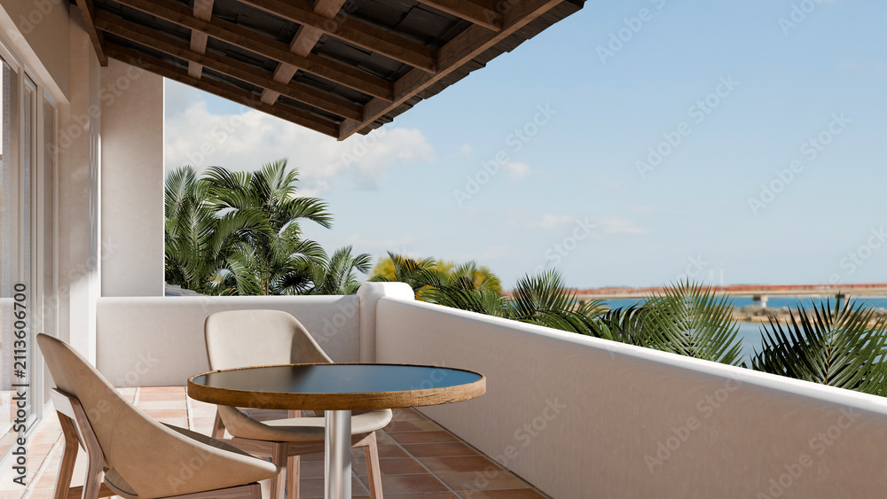 Fototapeta premium 3D Illustration of Tropical Hotel Balcony with Sea View, Pergola, and Outdoor Furniture