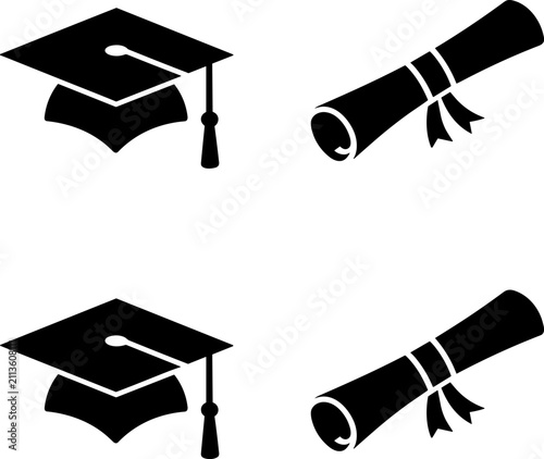 Graduation caps and diplomas arranged in a clean grid for academic achievement concepts