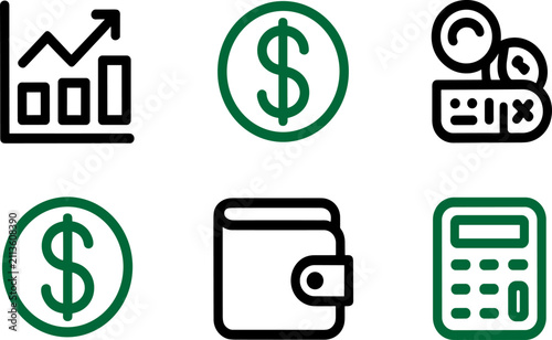 Financial Icons including graph coins wallet and calculator on white background with green accents