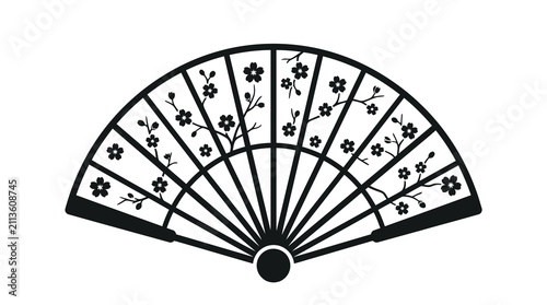 Black silhouette of Japanese folding fan with cherry blossoms.