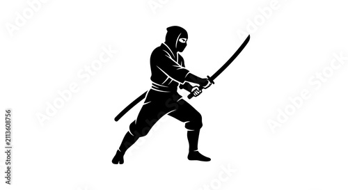 Black silhouette of ninja warrior with katana sword