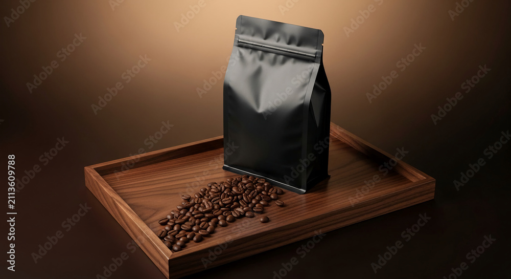 Fototapeta premium Black coffee bag and beans on a wooden tray, showcasing premium product presentation and quality ingredients, ideal for food marketing.