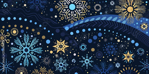 Bild auf Leinwand Snowflake pattern with circles and wave elements dark blue background