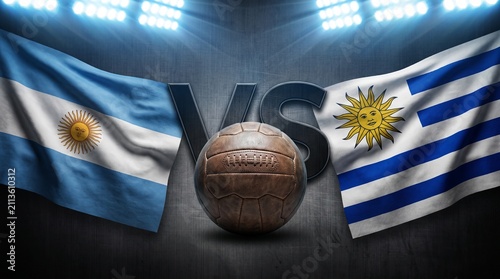 Football rivalry poster featuring Argentina and Uruguay flags. Intense match concept with a vintage football ball and national flags, emphasizing c...