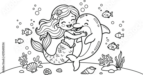 Cute cartoon mermaid hugging a friendly dolphin underwater for a fun kids coloring page illustration