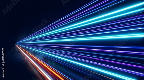 High Speed Dynamic Neon Blue and Purple Light Trails Concept of Fast Fiber Optic Data Transmission