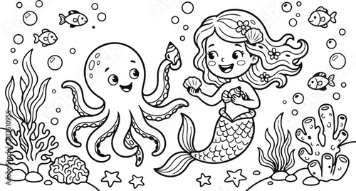 Cute cartoon mermaid and octopus swimming together in an underwater ocean scene for children coloring page