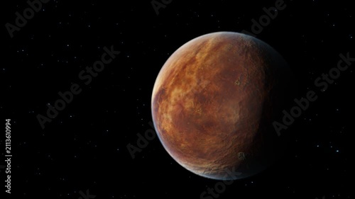 A fantastical planet floats in the depths of space against the backdrop of a boundless starry sky. The detailed surface with fiery hues creates an atmosphere of an unknown world, emphasizing the scale