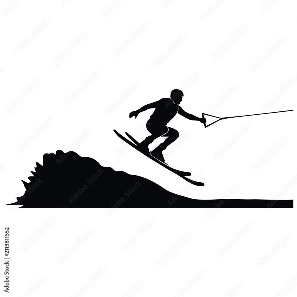 Fototapeta premium Waterskiing jump silhouette vector illustration with athlete catching air over lake water.