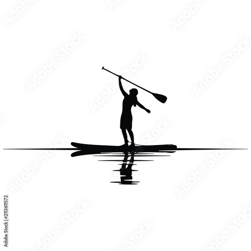 Young woman enjoying stand up paddle boarding with paddle raised vector silhouette illustration.
