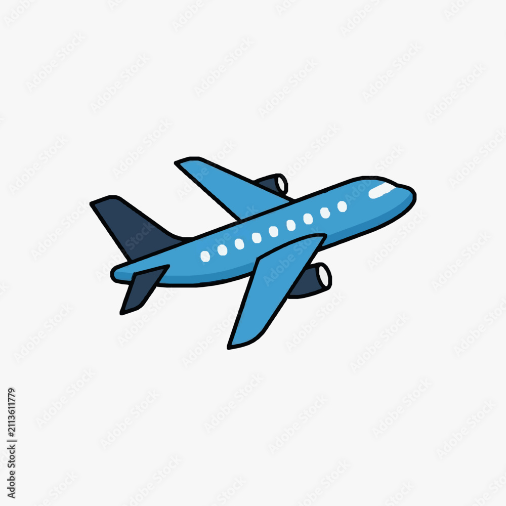 Naklejka premium Modern Blue Cartoon Airplane with White Windows and Dark Blue Wings and Tail with high quality professional line art symbols for modern creative design and digital branding projects